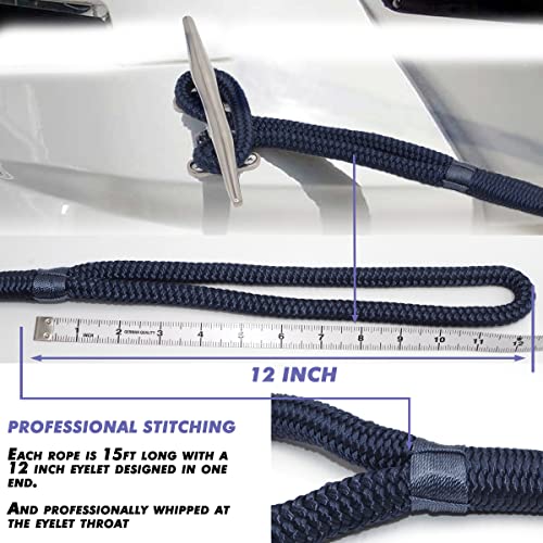 Marine-Grade Double-Braided Nylon Dock Lines - 4 Pack, 1/2” x 15’ with Eyelets, Navy Blue