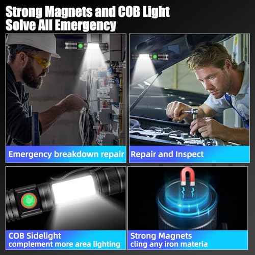 Magnetic Rechargeable Flashlight with Wide-Angle COB Side Light & Super Bright Zoomable Main Light, 4 Mode, USB-C Charging, Secure Magnetic Base for Camping, Emergency, Repairs, 2 Pack