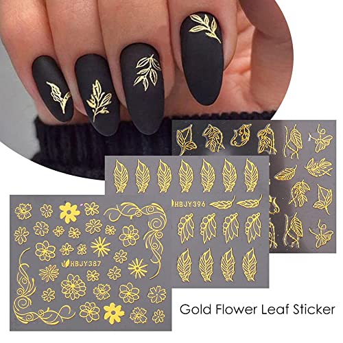 3D Floral Nail Art Stickers - Gold Flower & Lace Leaf Decals, 12 Styles