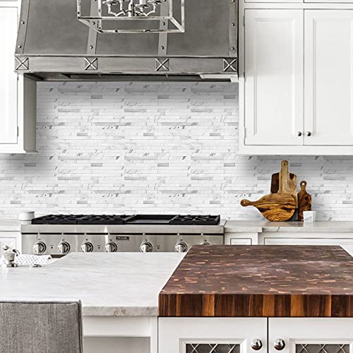 DICOFUN Peel and Stick Backsplash Tile, PVC Mixed Metal Stick on Backsplash Tiles for Kitchen and Bathroom (1, White Marble & Metal Silver)