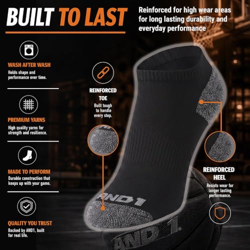 AND1 Men's Low Cut Athletic Socks 12 Pack Black, Size 6-12.5 - Performance Sports Socks