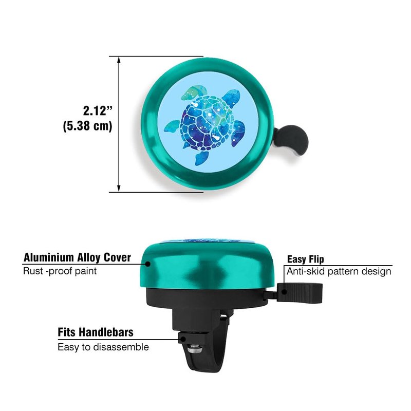 WIRESTER Green Aluminum Round Bike Bell, Classic Ring Bicycle Bell, Bike Accessories Bell Ring for Adults Kids Girls Boys - Blue Sea Turtle