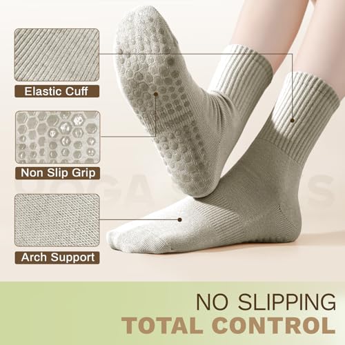 Non-Slip Grip Pilates Socks for Women - 3 Pairs, Black, White, Camel