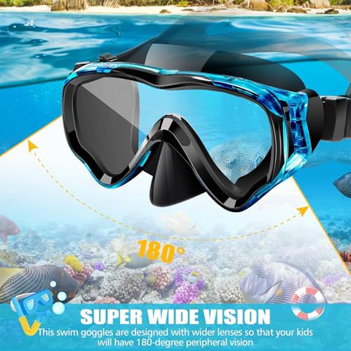 Snorkeling Set for Kids & Adults - Full Dry Mask Gear - Blue+Black