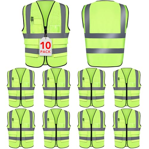 XPCARE 10-Pack Hi Vis Reflective Safety Vest with Pockets, Green High Reflective Strips Zipper Work Vest for Men and Women£¨Medium£©