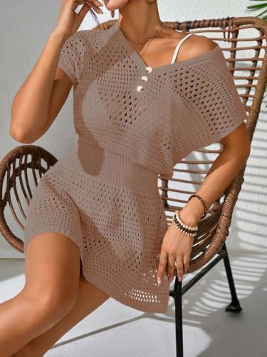 Womens Crochet Cover Up Swimsuit Mini Dress - A-Khaki, Medium