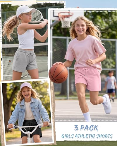 Girls Athletic Shorts - 3 Pack with Pockets, Drawstring, 13-14 Years - Black, Pink, Light Heather Gray