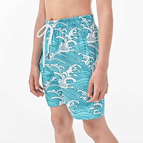 Boys Swim Trunks with Boxer Brief Liner - Quick Dry, Blue White Spray, Size 10-12