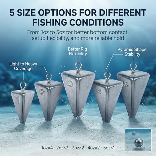 Hfuiqau 12 Pack Pyramid Fishing Sinkers 1oz–5oz; 5 Sizes Surf/Bottom Weights