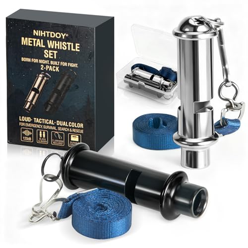 120dB Emergency Whistle Set - 2 Pack Solid Iron with Lanyards and Case