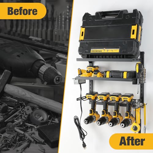 COFIT Power Tool Organizer with Adjustable Height 3-Tier Iron Tool Rack and Wall Mount Charging Station for Drill and Garage Workshop