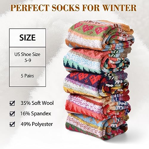 Warm Wool Hiking Crew Socks for Women - 5 Pairs Heart