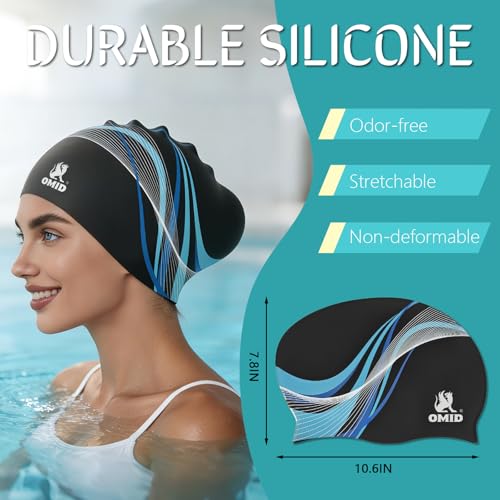 OMID Extra Large Silicone Swim Cap for Long Thick Hair Women Black Waterproof Non-Slip Pool & Beach Use