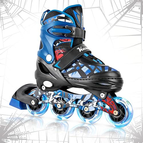 Kuxuan Kids Adjustable Inline Skates with Light-Up Wheels - Spider Blue, Large (Ages 5-12)