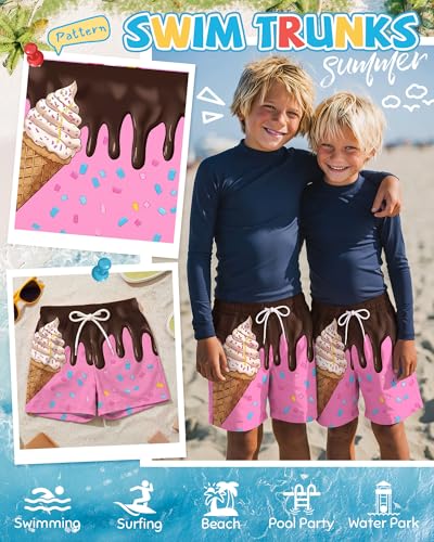Boys Swim Trunks - Pink Blue Chocolate Drip Cone, 8-9 Years
