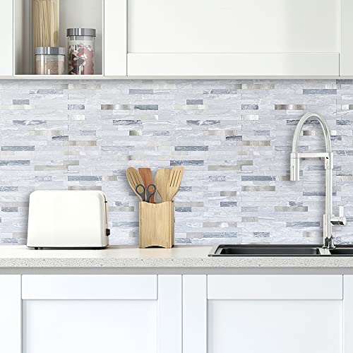 DICOFUN Peel and Stick Backsplash Tile, PVC Mixed Metal Stick on Backsplash Tiles for Kitchen and Bathroom (1, Light Grey & Metal Silver)