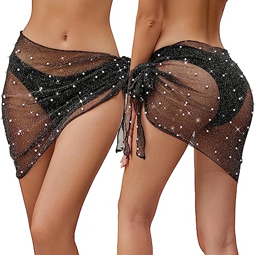 Pearl Crochet Skirt Cover Up for Swimwear - Glitter Black+White