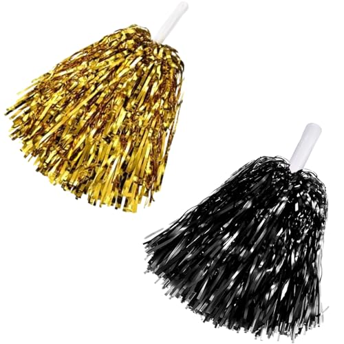 Cheerleading Pom Poms with Handle - 2 Pack Gold-Black Glitter