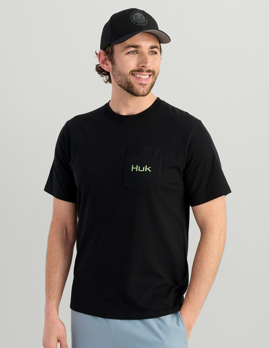 HUK Mens KC Scott Pocket Tee, Comfortable Performance Fishing Short Sleeve T-Shirt with Chest Pocket, Lures - Black, X-Large