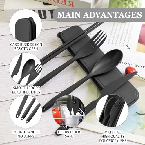 Large Reusable Travel Utensils Set with Case, Plastic Camping Cutlery - Black