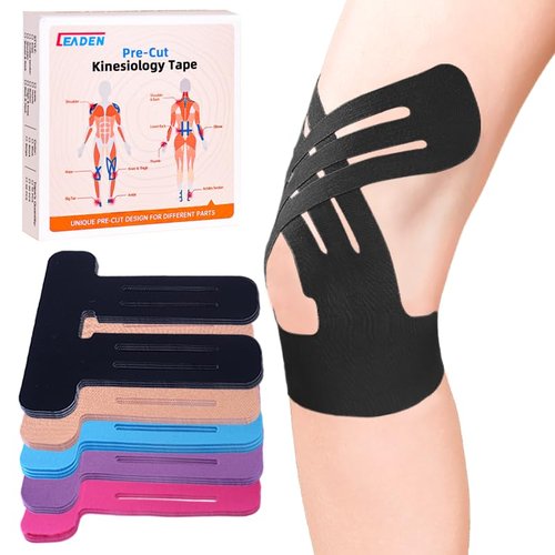 IEADEN Precut Kinesiology Tape for Knees, 10 Pcs, Upgraded, Knee Support & Stability, Knee Pain Relief Athletic Tape - Waterproof & Elastic, Breathable Hypoallergenic Latex-Free Tape, Black