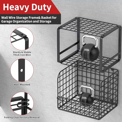 TomCare 2 Pack Garage Shelving Heavy Duty Garage Storage Shelves with Wire Baskets Laundry Room Shelves Wall Mounted shelving Tool Organizer for Shed Garden Kitchen Organization and Storage