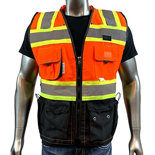 C Vest for Mens Safety Vest With Zipper and Utility Pockets Premium Black Series Surveyors Vest (Large, Orange/Black)