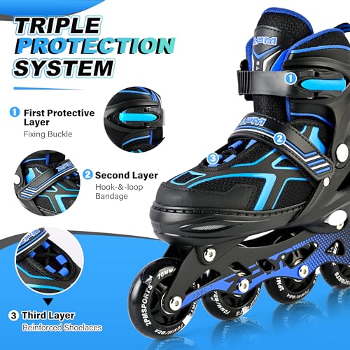 2PM SPORTS Adjustable Inline Skates – C Blue / Medium - Big Kid (13C-4 US) with Light-Up Wheels