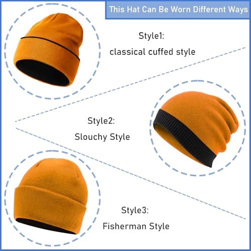 Warm Winter Beanie Hat for Men & Women - Double-Sided Black/Orange