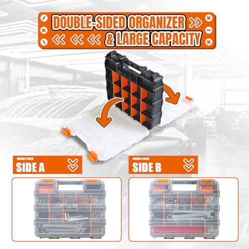 Tool Box with Transparent Lid, Double Side 34-Compartments Organizer Box with Removable Dividers for Hardware, Screws, Bolts, Nails, Beads, Jewelry and Fishing Accessories, Orange, 2 Packs