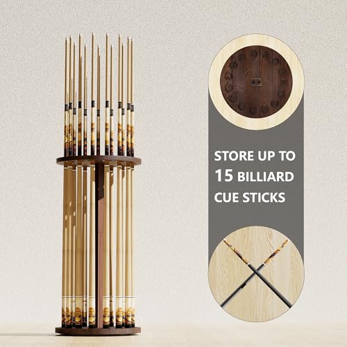 Brown 360° Rotating Wooden Pool Cue Rack Holds 15 Cues - Floor Stand Billiard Organizer
