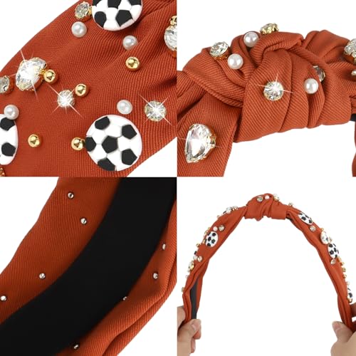 Soccer Knotted Headband for Women - Crystal Embellished Orange
