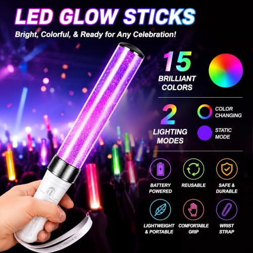 Lewtemi 2-Pack Halloween LED Glow Sticks - 15 Color Reusable Party Lights