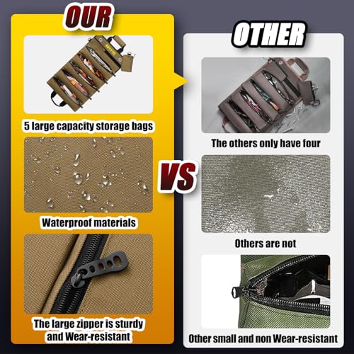 Premium Tool Roll up Bag - Heavy Duty Small Tool Bag Organizer and Storage with W/Detachable Pouches,Waterproof Oxford Cloth,Suitable for Motorcycle,Truck,Electrician,Mechanics etc,Brown