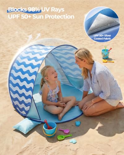 Pop Up Baby Beach Tent - Blue Wave Stripes Portable Toddler Sun Shade with UPF 50+
