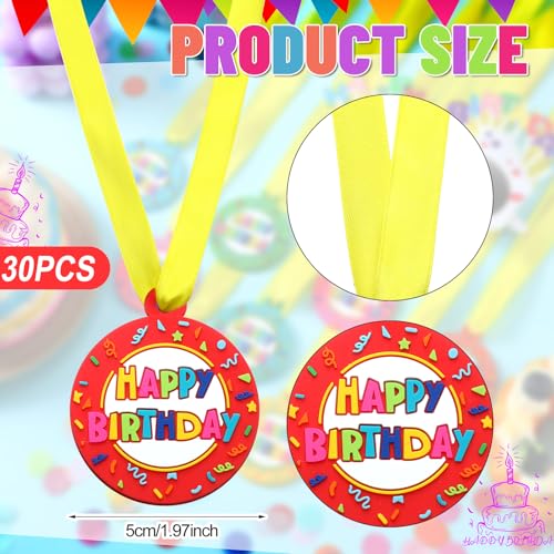 30 Pack Happy Birthday Medals 2 Inch Rubber Awards with Ribbon - Kids & Party Supplies