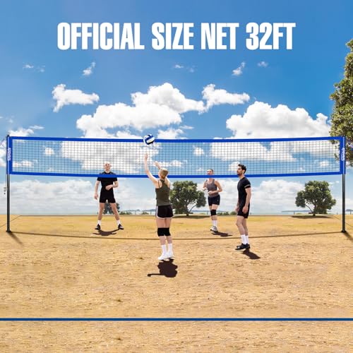 32FT Portable Volleyball Net Set - Adjustable Height & Winch - Blue