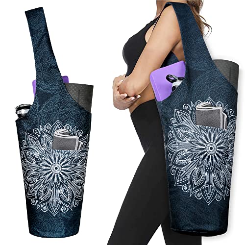 Yoga Mat Bag - Long Tote with Pockets for Mats - Mandala Black