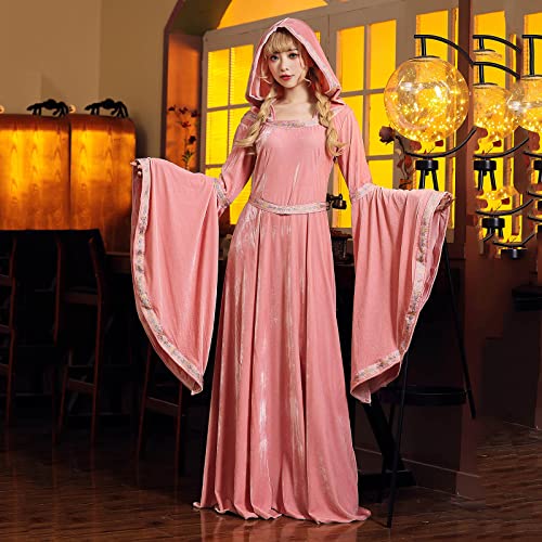 Women's Medieval Hooded Velvet Dress - Pink, Small