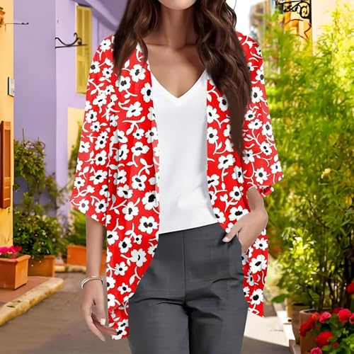 Lightweight Floral Printed Kimono Cardigan - Puff Sleeve, X-Large Red