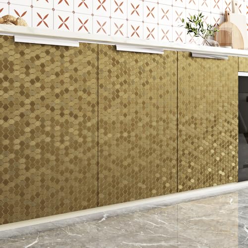 Gold Hexagon Metallic Wallpaper Peel and Stick Countertops Waterproof Honeycomb Metallic Contact Paper Textured Fridge Covers Metal Wall Paper for Cabinet Kitchen Backsplash Shelf Liner