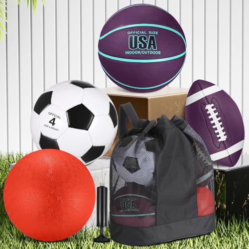 Deekin 4 Pcs Sport Balls Set Purple Teal – Soccer, Basketball, Football & Playground Ball with Pump