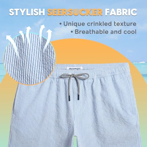 Maamgic Men's 5.5 Inch Seersucker Swim Trunks XL Blue Stripe Quick Dry Beach Shorts with Mesh Liner
