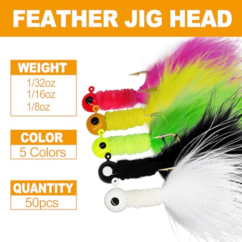 INFISHCEO 50Pcs Feather Jig Hooks Kit 1/16oz 1/32oz 3.5g Fishing Lures