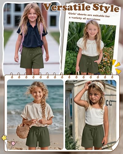 Girls' Drawstring Shorts with Pockets - Army Green, 9-10 Years