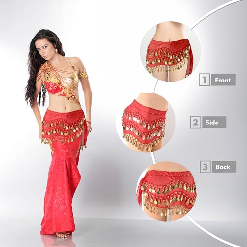 Belly Dance Hip Scarf with 128 Gold Coins - Red