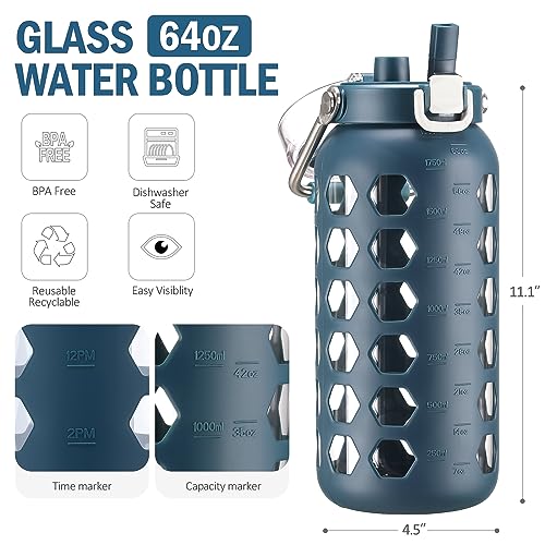 MUKOKO Blue 64oz Glass Water Bottle with Straw & Leakproof Lid