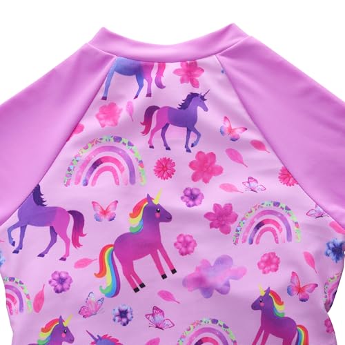 Girls 7-8 Years Purple Unicorn Long Sleeve Swimsuit with Rash Guard - Kids One Piece Swimwear