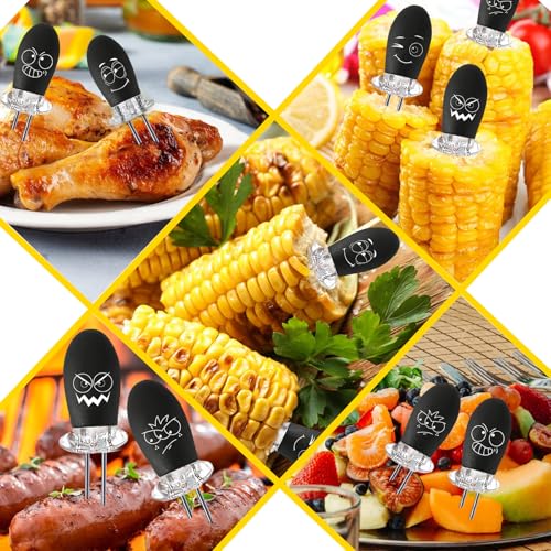 Corn Cob Holders - 10-Piece Stainless Steel Set with Silicone Handles - Black