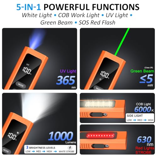 5-in-1 EDC Flashlight with UV Light & Green Laser Pointer